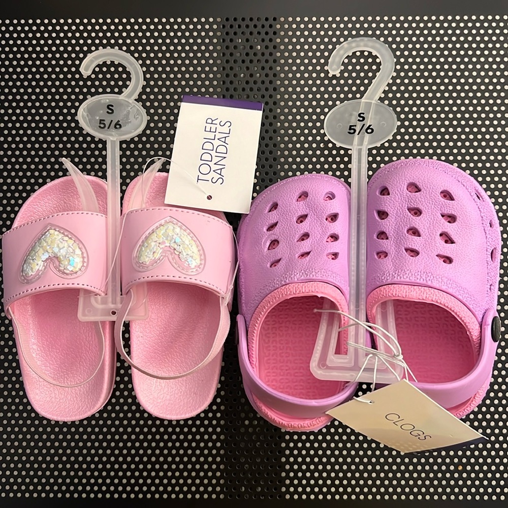2 Pair Toddler Girl’s S 5/6 * Pink Sandals with Heart plus Lavender & Pink Clogs